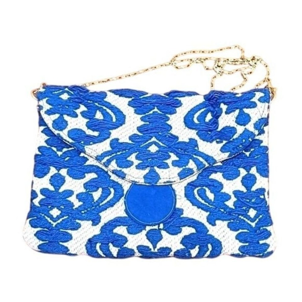 Steve Madden Zada Envelope Purse Embroidered Hand B ag Gold Strap Formal Festiva